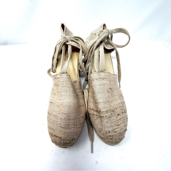 Andre Assous Lennon‎ Espadrille Wedge Sandals 9.5 Woven Luxury Boho Beige Tie - Picture 2 of 12